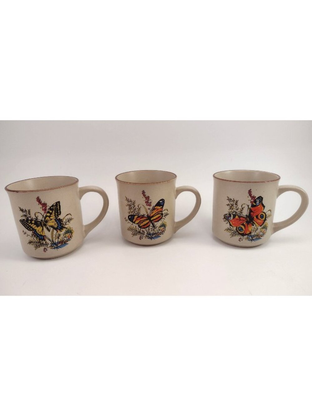 Vintage MCM Butterfly Stoneware Coffee Mugs Tea Cup Set Of 3 Yellow Orange